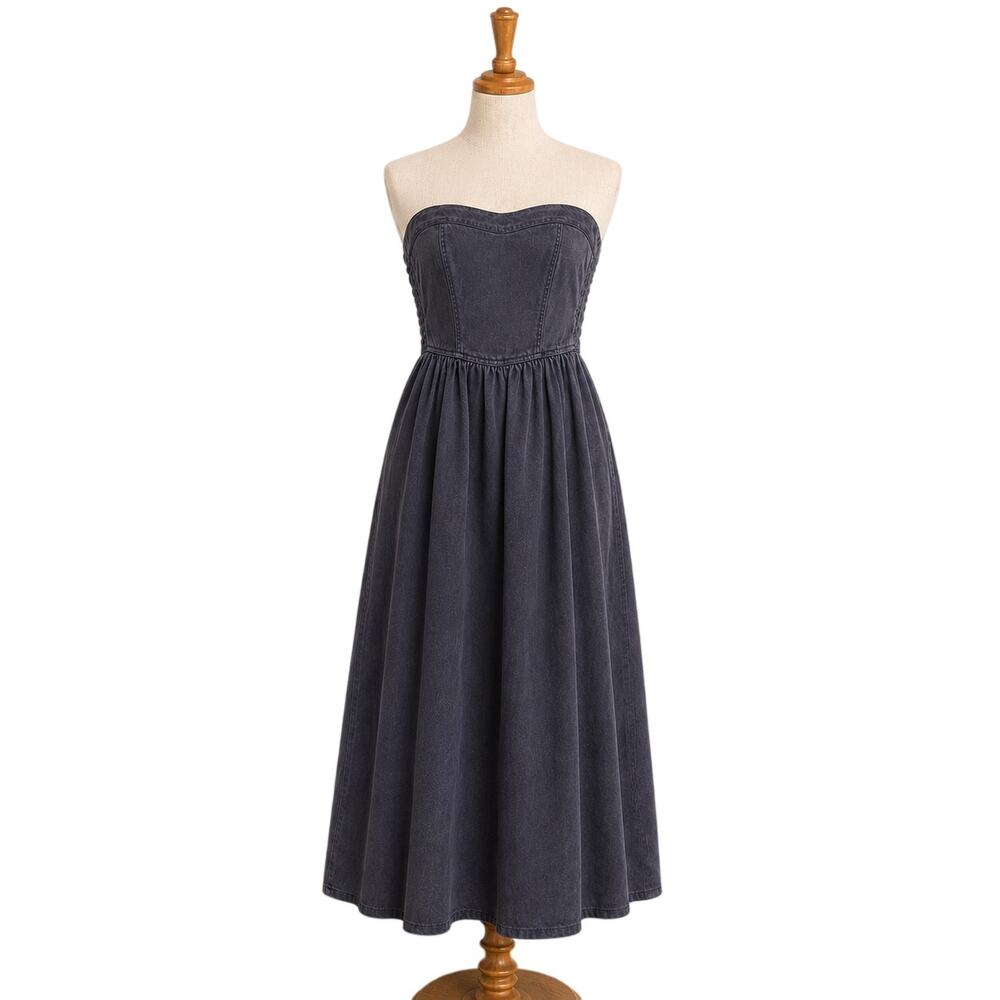 YFB Strapless Dress Sz. S Navy Blue Lyocell Cotton Smocked Young Fabulous Broke